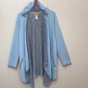 Ruby Rd. Aqua Light Blue Hooded Open-Front French Terry Cardigan with Gray Trim